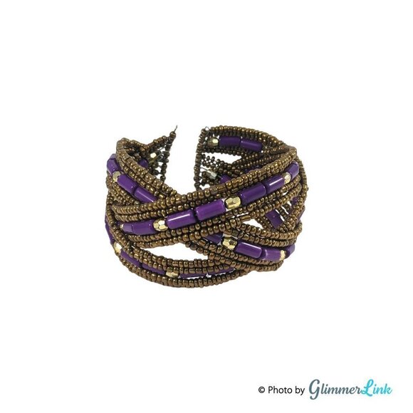 VTG Bohemian Purple Antiqued Gold Tone Braided Beaded Cuff Bracelet - Picture 2 of 7